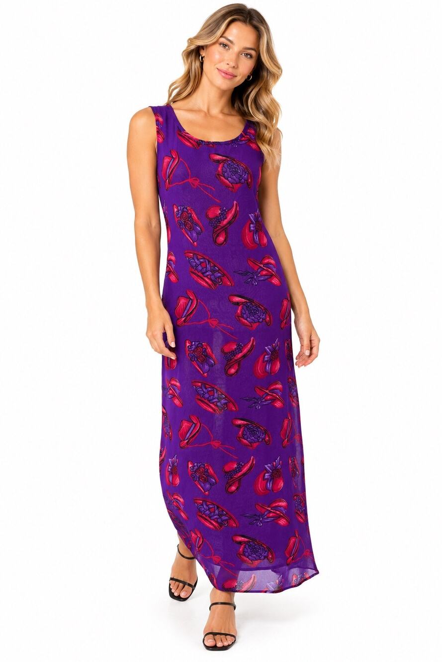 Vintage ‘90s Indian Tropical Fashion Sheer Hat Print Sleeveless Maxi Dress